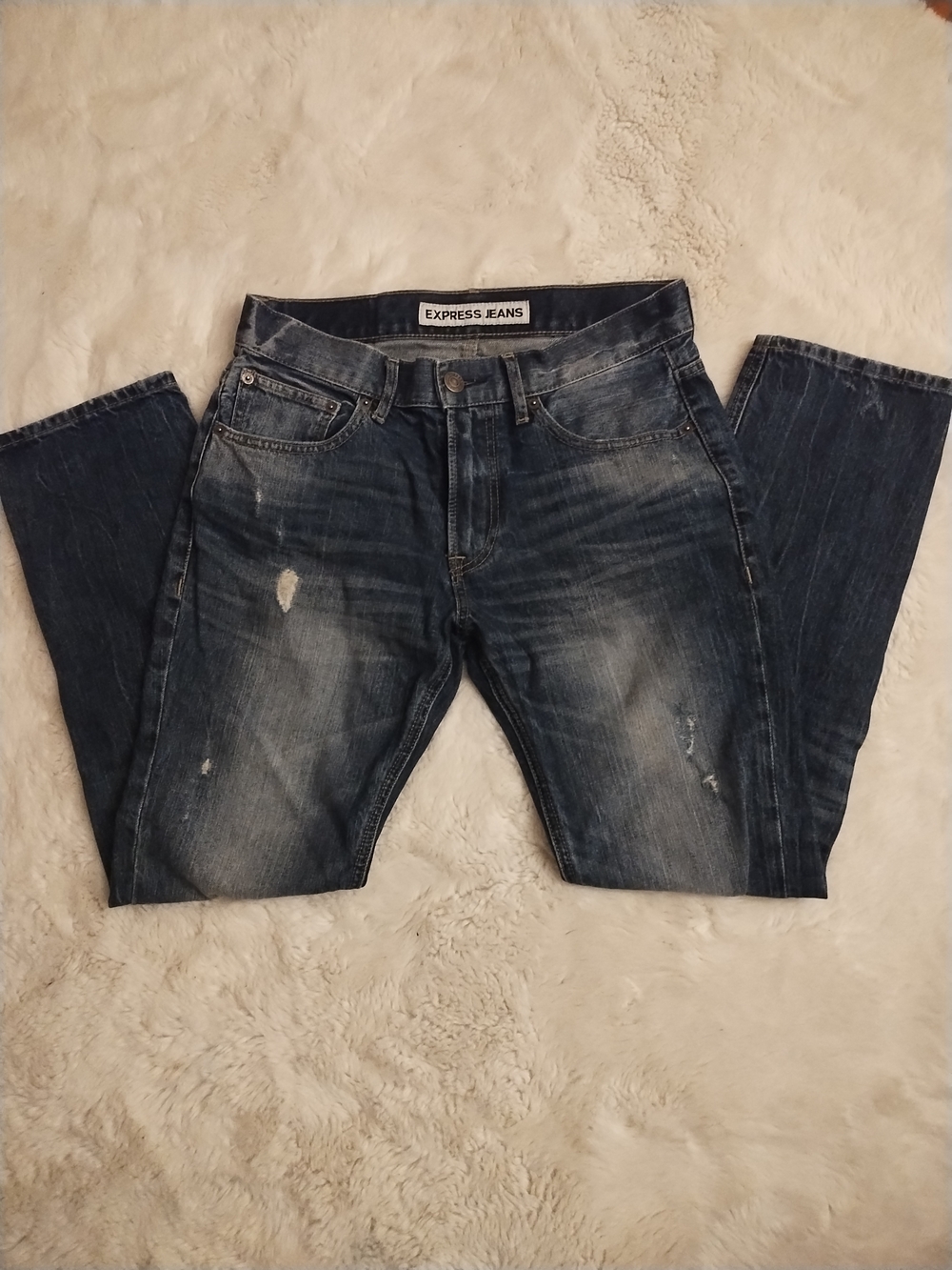 Express Men’s Washed Dark Blue Slim Straight Jeans